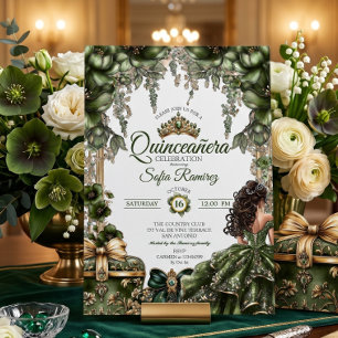 Eleganter grüner goldener Tiara-Blumen-Quinceañera Einladung