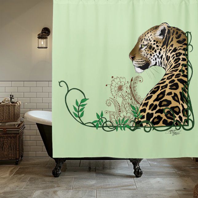 Eleganter grüner Leopard Botanik-Henna Duschvorhang (Von Creator hochgeladen)