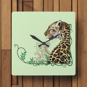 Eleganter grüner Leopard-Botanik-Henna Quadratische Wanduhr