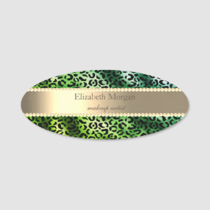 Eleganter grüner Leopardenprint, Streifen, Perlen Namensschild