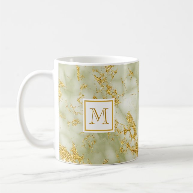 Eleganter, grüner Marmor Monogram Imitate Gold Gli Kaffeetasse (Links)