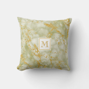 Eleganter, grüner Marmor Monogram Imitate Gold Gli Kissen