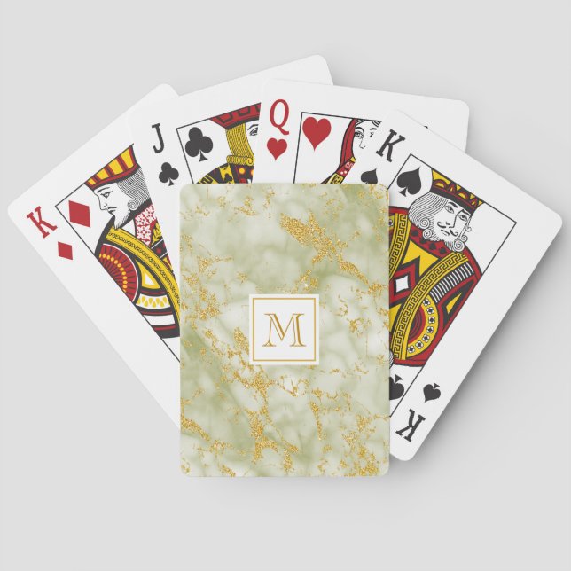 Eleganter, grüner Marmor Monogram Imitate Gold Gli Spielkarten (Rückseite)