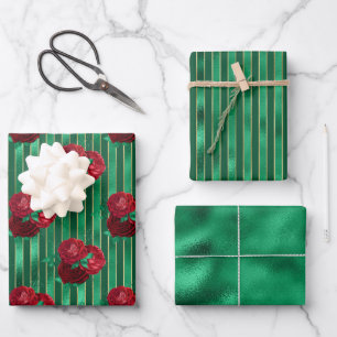 Eleganter grüner Metallischer Blumenstreifen Geschenkpapier Set