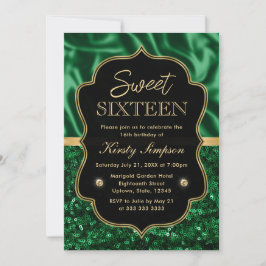 Eleganter grüner Satin & Glitzer Goldrahmen Sweet  Einladung
