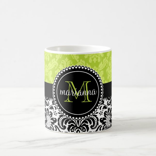 Eleganter grüner schwarzer Damast personalisiert Kaffeetasse (Mittel)