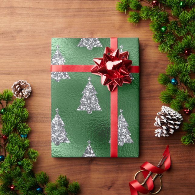 Eleganter grüner Silberner Weihnachtsbaum Geschenkpapier (Feiertagsgeschenk)