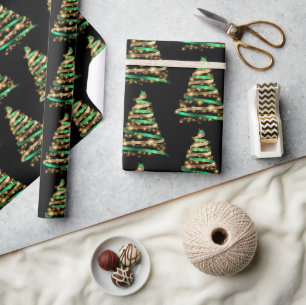 Eleganter grüner und goldener Bandbaum Weihnachten Geschenkpapier