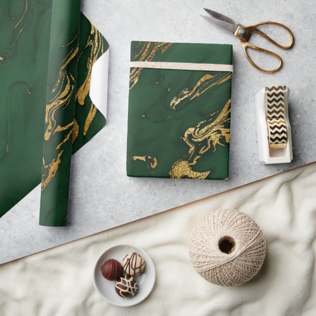 Eleganter grüner und goldener Herbstmarmorstein Geschenkpapier (Kunsthandwerk)