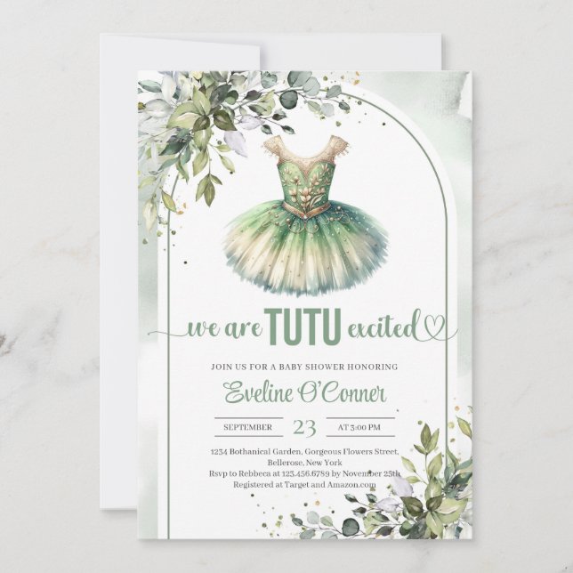Eleganter grüner und goldener Tutu-Kleid Eukalyptu Einladung (Vorderseite)