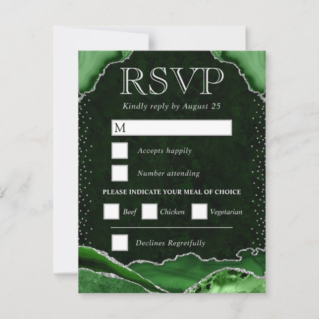 Eleganter Grüner und Silberer Glitzer Agate Weddin RSVP Karte (Vorderseite)