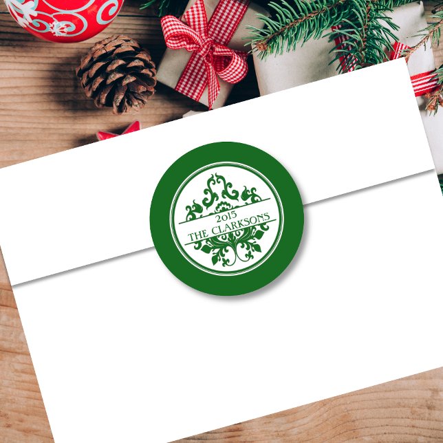 Eleganter, grüner weißer Damast Runder Umschlag Au Runder Aufkleber (Von Creator hochgeladen)