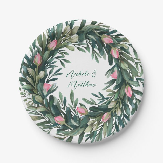 Eleganter Grünkranz mit rosa Rosenknospe Hochzeit Pappteller (Vorderseite)