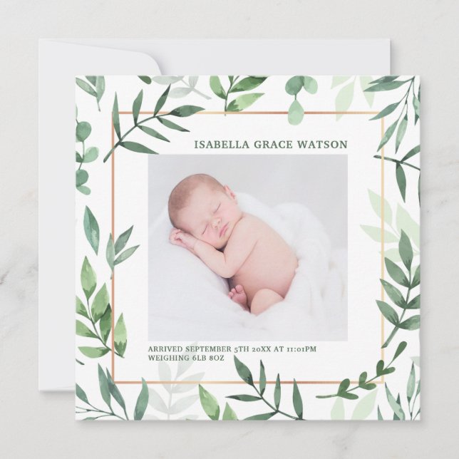 Eleganter Grünrahmen | Baby Foto Birth Ankündigung (Vorderseite)