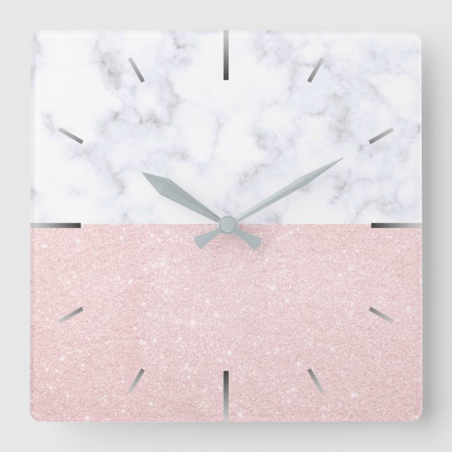 Eleganter, gürteliger Glitzer aus Rose und weißem  Quadratische Wanduhr (Vorderseite)