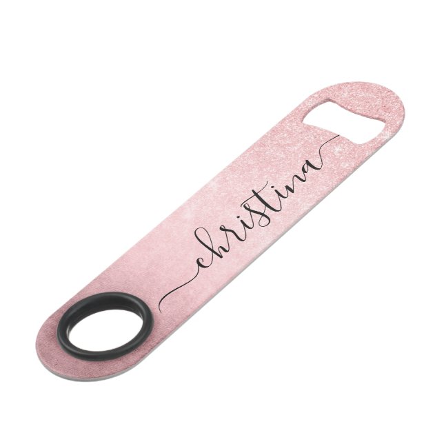 Eleganter Gürtelrosa Rosengold-Glitzer Speed Flaschenöffner (Vorderseite Schrägansicht)