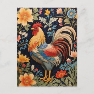 Eleganter Hahn auf farbenfrohem floralem Hintergru Postkarte