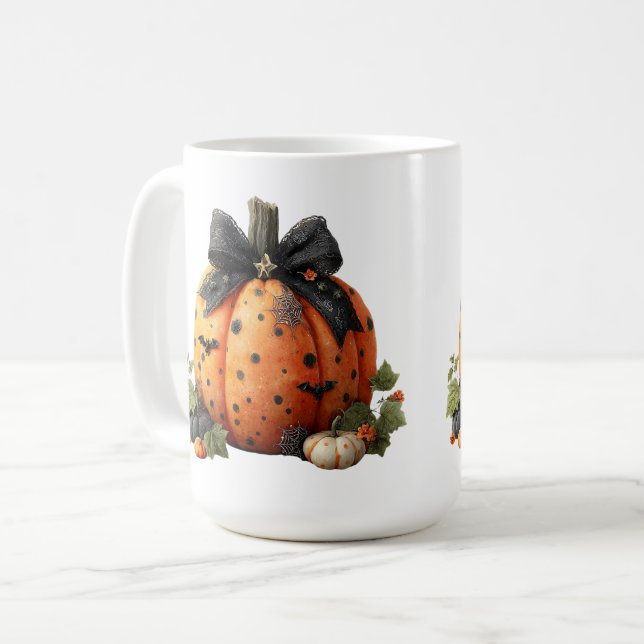 Eleganter Halloween Pumpkin mit Black Bow Kaffeetasse (Vorderseite Links)