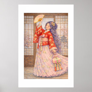 Eleganter Hanbok mit Fächer Poster