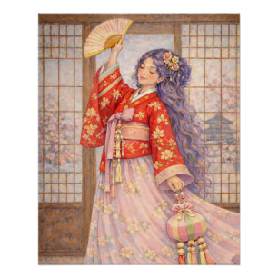 Eleganter Hanbok mit Fächer Poster