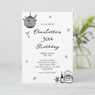 Eleganter Hand Drawn Disco-Ball 30. Geburtstag Einladung