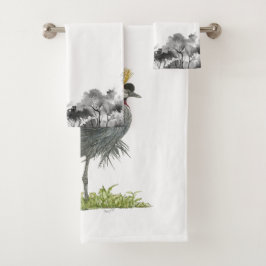 Eleganter handgemalt grauer Krankranich Badhandtuch Set