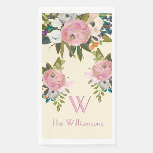 Eleganter handgemalter floraler Monogramm-Name  Serviette (Vorderseite)