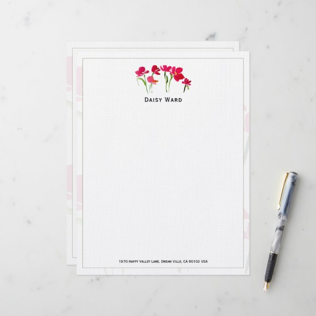 Eleganter handgemalter Wasserfarben-Blumen-Briefko Briefbogen (Vorderseite/Rückseite Beispiel)