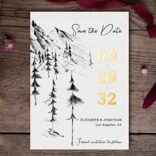 Eleganter, handgezeichneter Bergwald Save the Date Folieneinladung