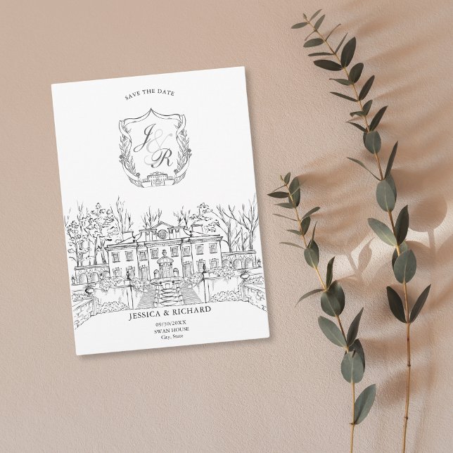 Eleganter handgezeichneter Veranstaltungsort Einladung (classic hand drawn wedding venue invitation, swan house usa)