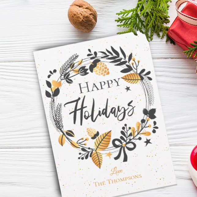 Eleganter Happy Holidays Gelber Schwarzer Kranz Ur Mitteilungskarte (Von Creator hochgeladen)