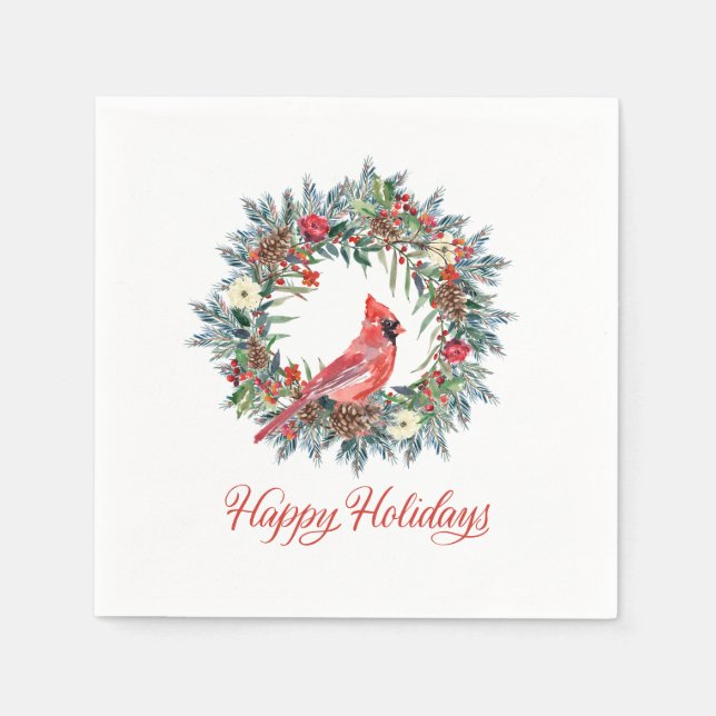 Eleganter Happy Holidays Wreath Roter Kardinal Serviette (Vorderseite)