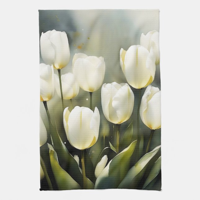 Eleganter Haufen von White Tulips in einem Serenen Geschirrtuch (Vertikal)