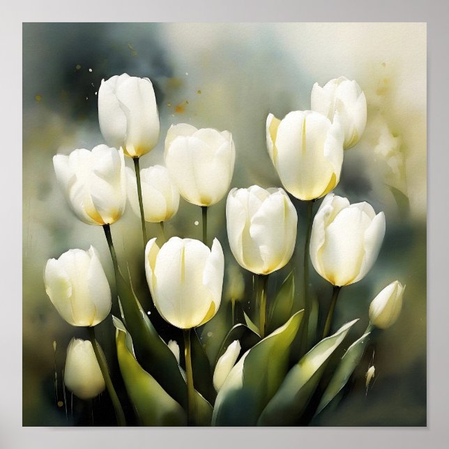 Eleganter Haufen von White Tulips in einem Serenen Poster (Vorne)