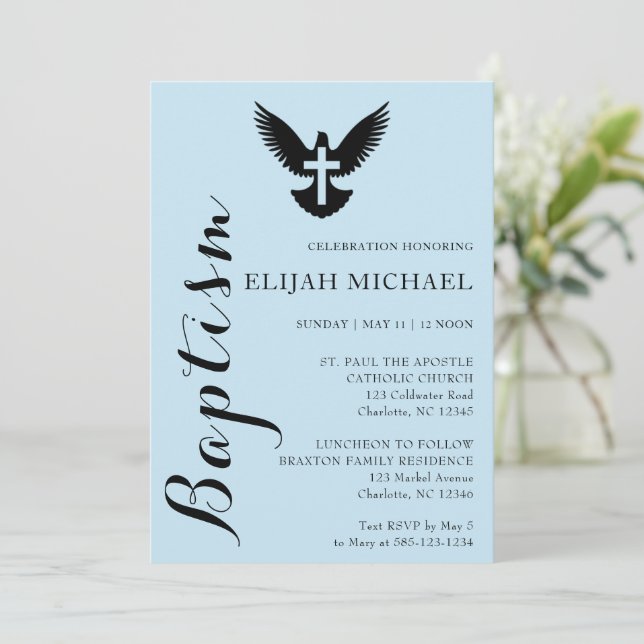 Eleganter Haushalt Taufe Sky Blue Einladung (Stehend Vorderseite)