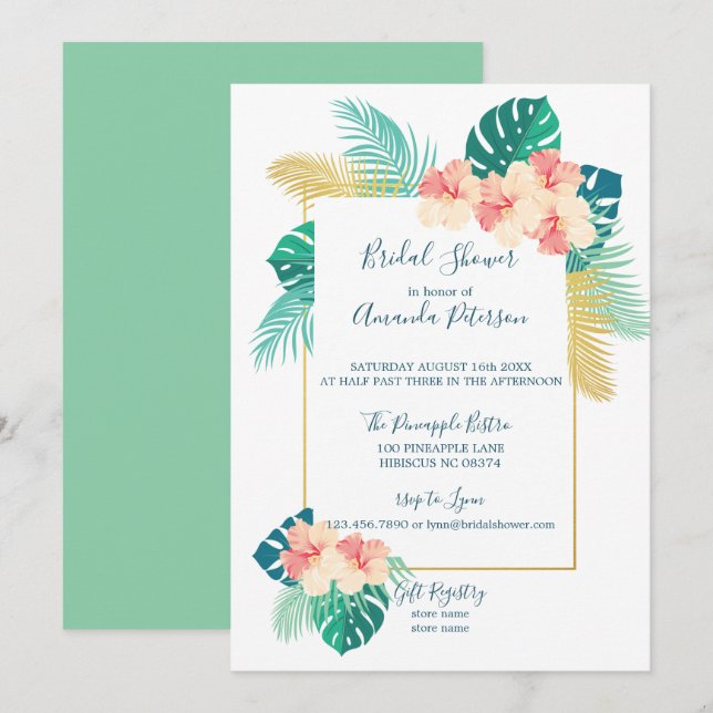 Eleganter hawaiianischer Hibiskus Bridal Dusche Ei Einladung (Vorne/Hinten)