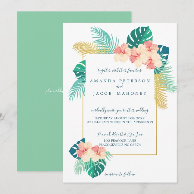 Eleganter hawaiianischer Hibiskus Hochzeitseinladu Einladung (Vorne/Hinten)