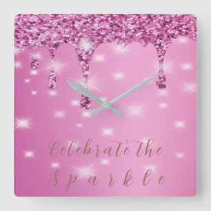 Eleganter heißrosa Glitter-Drip Quadratische Wanduhr