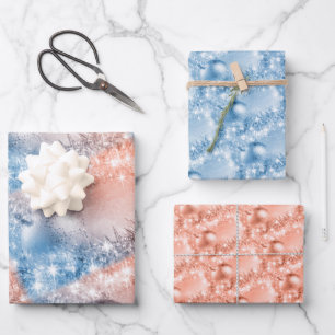 Eleganter hellblauer und korallenroter Weihnachtsb Geschenkpapier Set