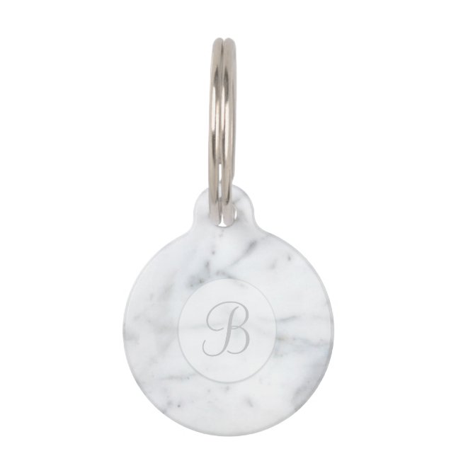 Eleganter heller Marmor-Look Monogram & Pet's Info Tiernamensmarke (Vorderseite)