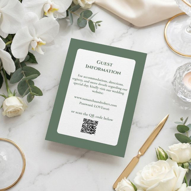 Eleganter hellgrüner Blumenstrich QR-Code Hochzeit Begleitkarte (Guide your guests with grace. 🤍 Elegant sage green wedding details card.)