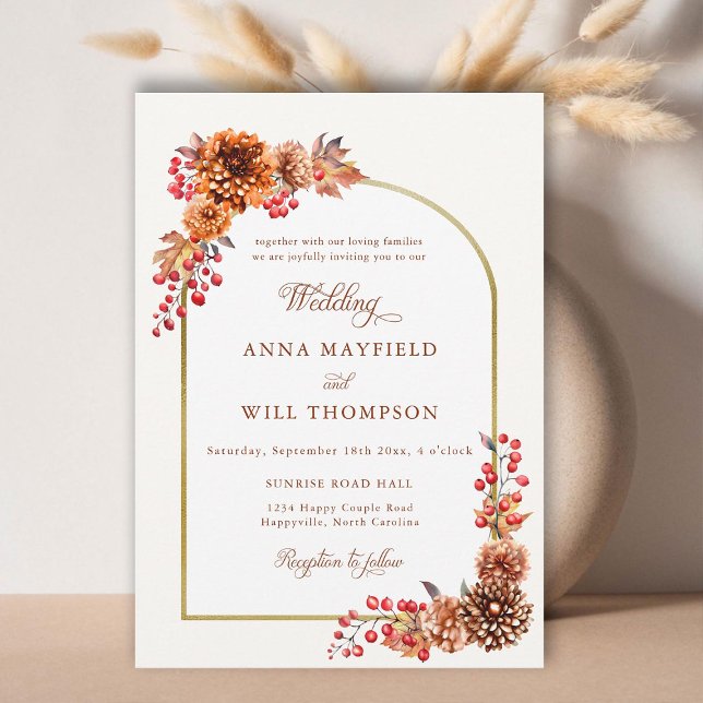Eleganter Herbst floral Gold Boho Rahmen Hochzeit Einladung (autumn foliage boho gold floral frame wedding invitation terracotta romantic calligraphy modern chic)