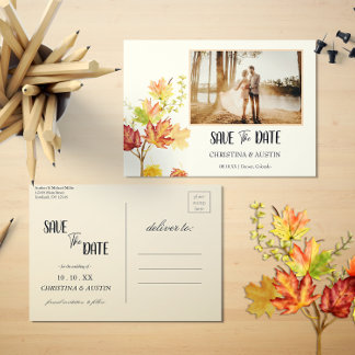 Eleganter Herbst lässt Foto Save the Date weiß Postkarte