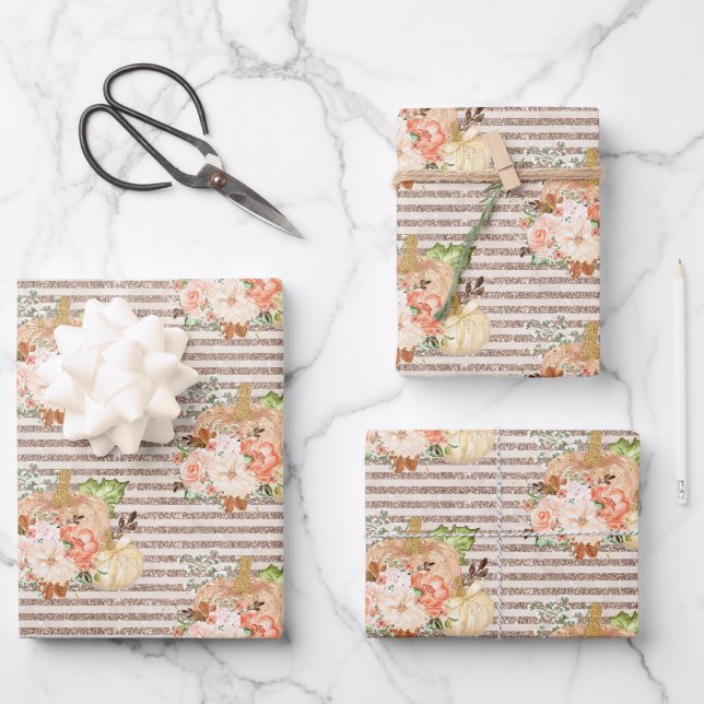 Eleganter Herbst Pumpkin Rose Gold Glitzer Geschenkpapier Set (Vorderseite)
