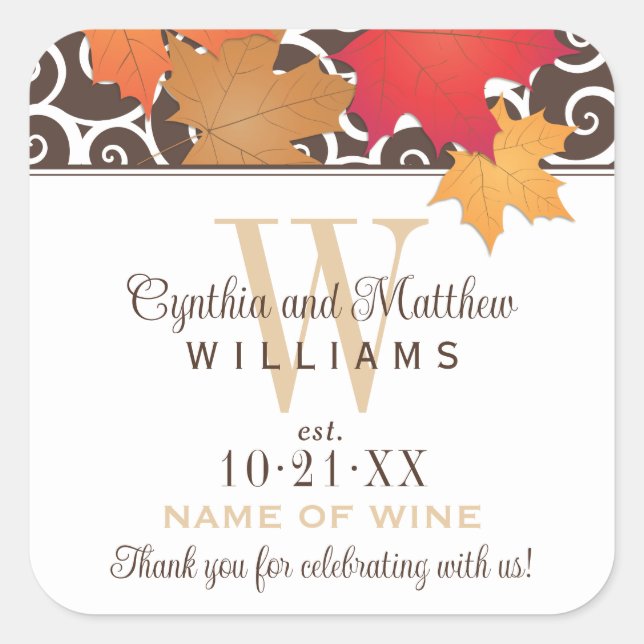 Eleganter Herbstleaves Wedding Monogram Wine Quadratischer Aufkleber (Vorderseite)