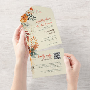 Eleganter herbstlicher Blumenhochzeits-QR-Code All In One Einladung