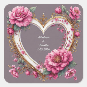 Eleganter Herzrahmen mit rosa Rosen Quadratischer Aufkleber