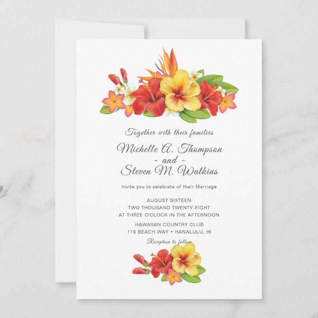 Eleganter Hibiskus Tropical Floral Wedding Einladung (Vorderseite)