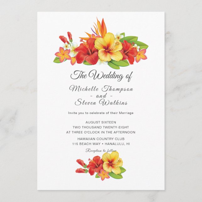 Eleganter Hibiskus Tropical Floral Wedding Einladung (Vorderseite)