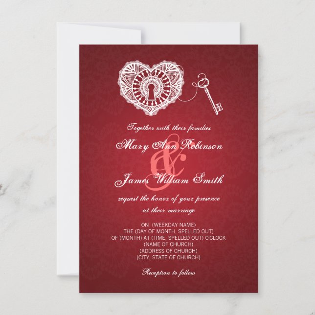 Eleganter Hochzeitschlüssel für mein Herz rot Einladung (Vorderseite)